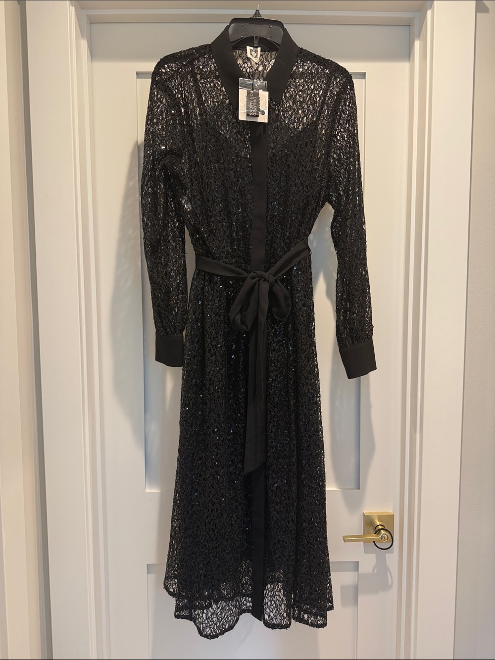 Anne Klein Black Sheer Lace Long-Sleeve Shirt Dress with Tie